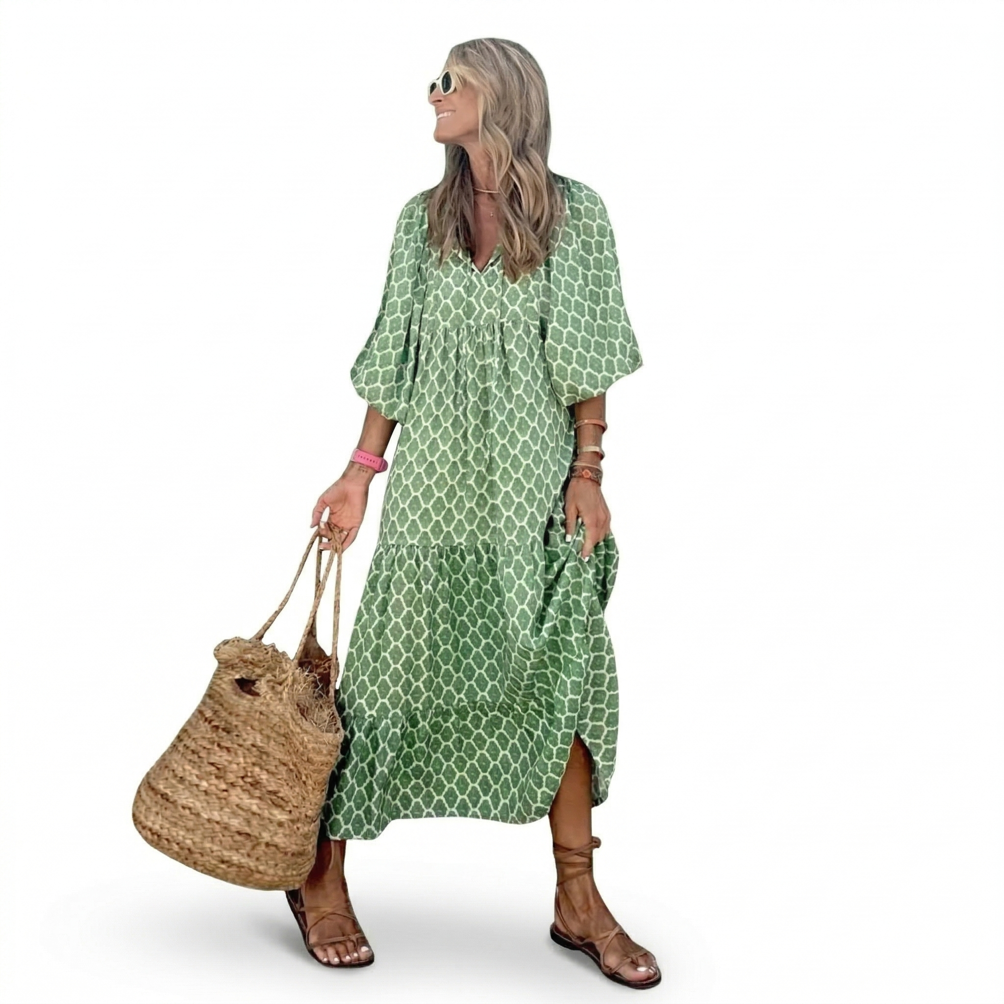 Sofia |  Print Puff Sleeve V-Neck Long Dress