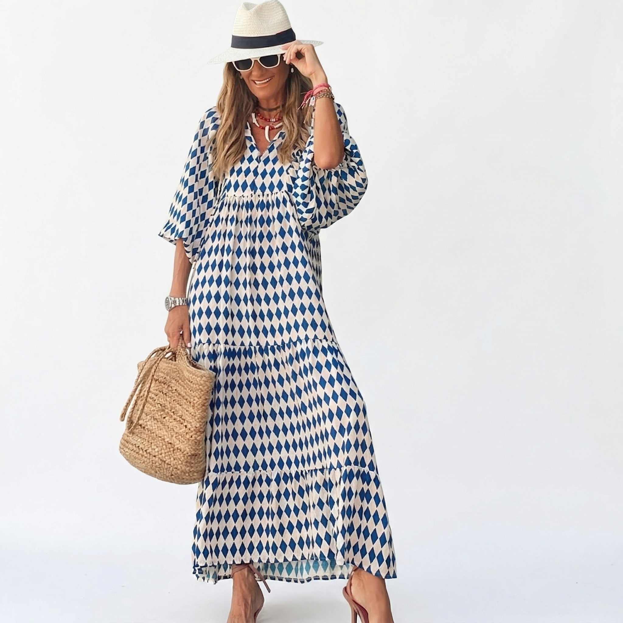 Sofia |  Print Puff Sleeve V-Neck Long Dress